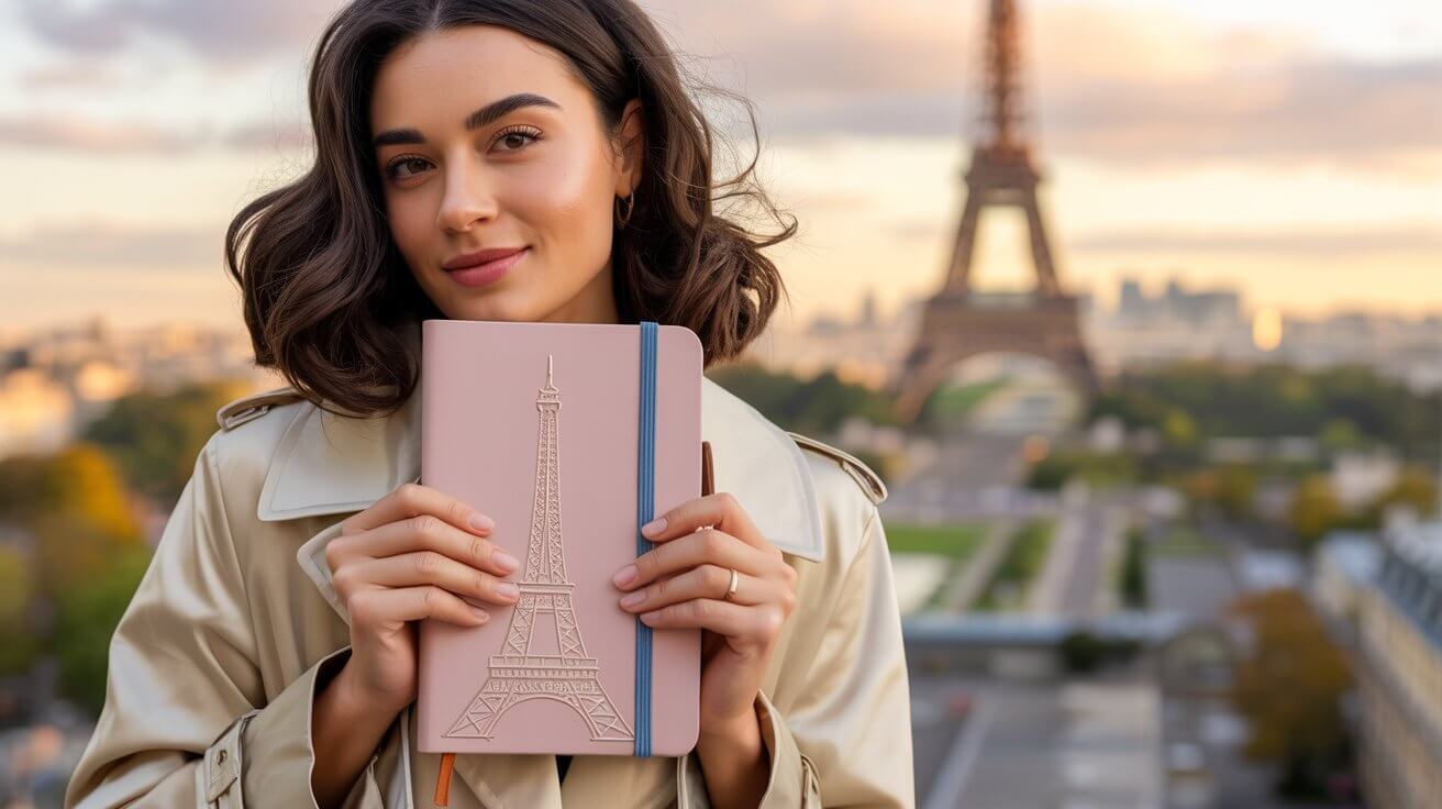 Žena so zápisníkom Emily in Paris na pozadí Paríža